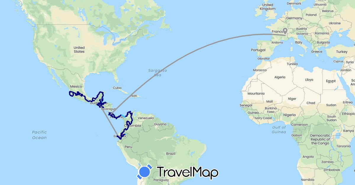 TravelMap itinerary: driving, plane, hiking, boat in Belize, Colombia, Costa Rica, Ecuador, France, Guatemala, Honduras, Mexico, Panama, El Salvador (Europe, North America, South America)